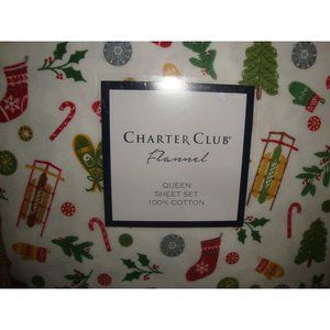 $140 Charter Club Flannel Queen 4 Pc Sheet Set White Multi Color Holiday Icons